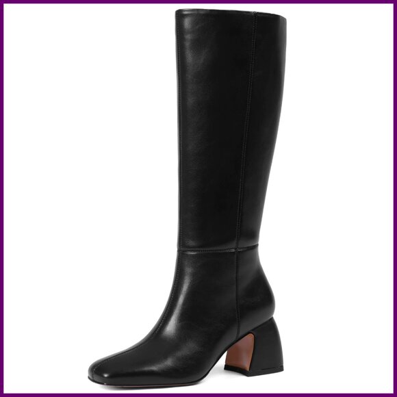Women's Knee High Boots Square Toe Chunky Heel Dress Boots with Side Zipper